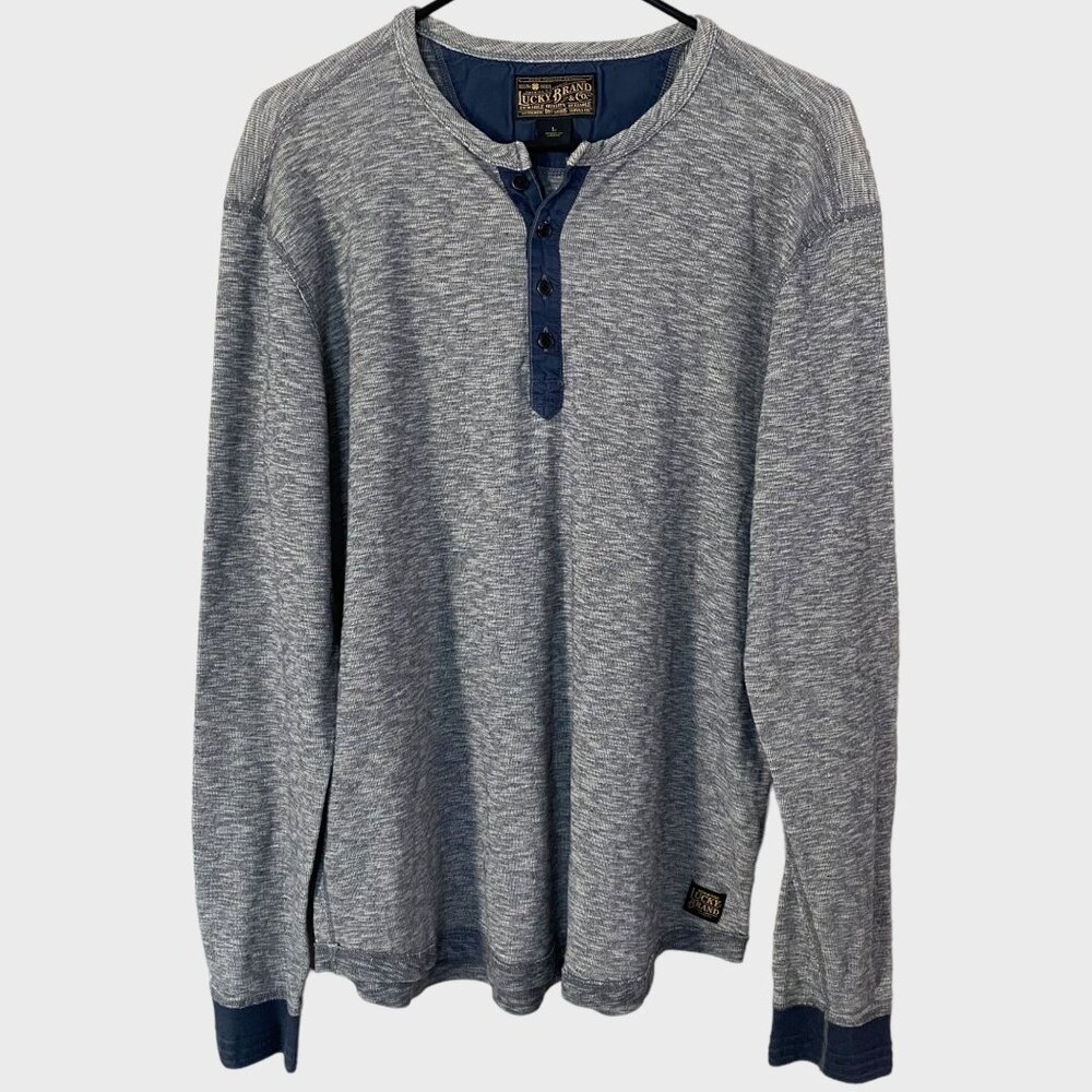 Lucky Brand Twisted Slub Henley Shirt Men's Size Large Gray/Navy Long-Sleeve